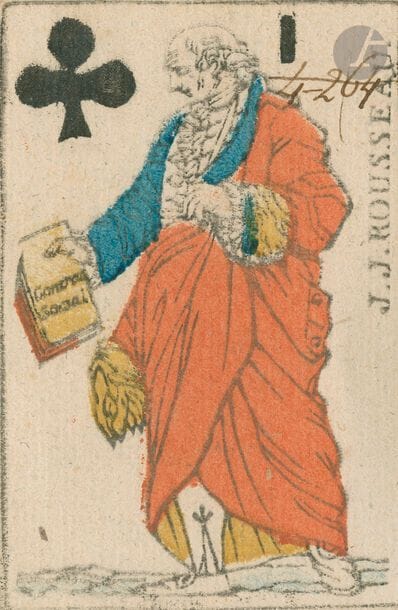 Cartes révolutionnaires au portrait SVB : Minot, Paris, 1794 ; 4 + 6 cartes ; grav. sur bois, couleurs au pochoir. + Dame de carreau au portrait du Dauphiné : Grenoble ?, XVIIIe s. ; grav. sur bois, couleurs au pochoir. 