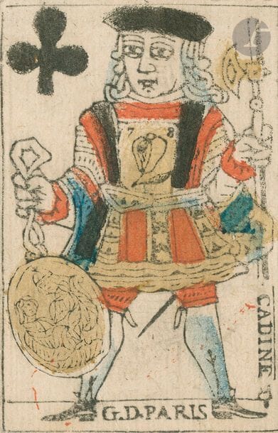 Portrait de Paris : Cadine, milieu du XVIIIe ; 52/52 cartes ; au dos, éléments de bureau typo. ; BE. 