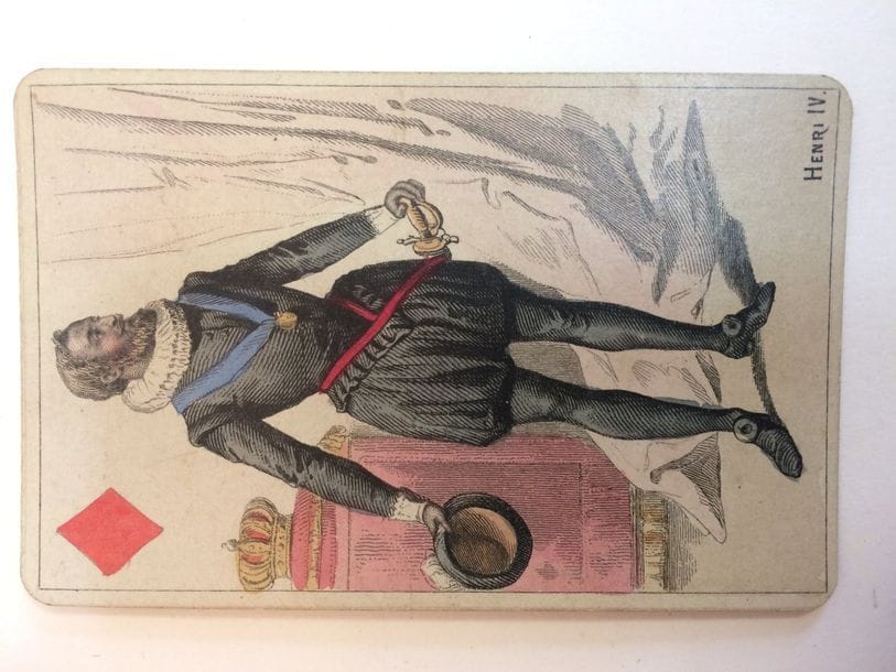 Jeu des rois de France : B.P. Grimaud, Paris, 1856 ; 16 cartes (12 fig. + 4 as) ; coins ronds. BE. 