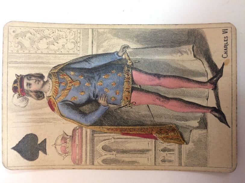 Jeu des rois de France : Grimaud, Paris, c.1856 ; 52/52 cartes ; gravure sur cuivre et couleurs aux pochoirs ; coins ronds dorés. BE. 