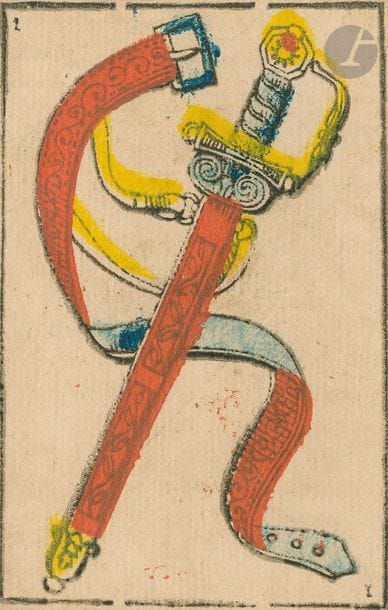 10 cartes espagnoles, Boisse, Bx / Albarret, Agen (?), 1840-60, gravure sur bois, coul. pochoirs, 85 x 56 mm ; dos opus incertum rose, TBE. + 10 cartes fac-similé Logiriera. 