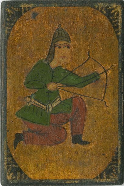 Cartes persanes « as-nas » : Iran, fin XIXe ; 13/25 cartes ; peinture et vernis sur carton épais ; 56 x 38 mm ; dos noir. TBE. 