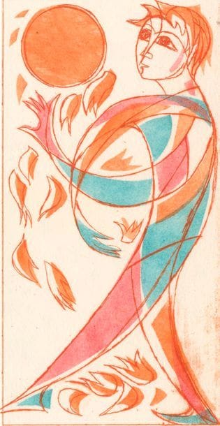 Jeu astral de Gertrude Kümpel-Amsler, Zurich, 1993 ; 52/52 cartes ; eau-forte en couleurs ; ens. de fantaisie ; emboîtage carton. TBE. 