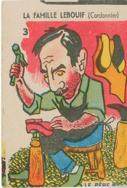 Jeu de 7 familles : anonyme, France, années 1930-40 (gd-père = aïeul) ; chromotypographie assez grossière sur carton pas moins grossier ; 42/42 cartes ; boîte carton ill. TBE. + Quatre jeux de familles français, années 1950-60 : Aieul, Tom & Jerry, Marie-Rose, Animaux. BE. 