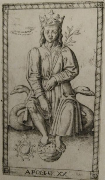 Deux cartes des « Tarots de Mantegna », copiées par Ladenspelder d’après la « série E » : Hans Ladenspelder, Cologne, vers 1540 ; burin ; Apollo XX / D 20 et Philosofia XXVIII / D 28 ; 175 x 100 mm ; belles épreuves non rognées sur papier vergé, qq taches d’encre et salissure (nettoyage possible) ; petite restauration sur la marge sup. de Philosofia (B. XIII, 37, p. 70, Holl. 65, Hind I, p. 231 P. 35). Les « Tarots de Mantegna », qui ne sont bien sûr ni des tarots ni des œuvres de Mantegna, mais un jeu philosophique imaginé autour de 1465 et gravé par un graveur sans doute ferrarais, sont connus en plusieurs versions : l’édition originale est dite Série E, et une copie, aussi anonyme, un peu plus tardive, est nommée Série S. D’autres graveurs, parmi lesquels Albrecht Dürer, ont aussi copié ces images. Johann Ladenspelder (c.1512-c.1561), graveur allemand, en a fait vers 1540 une copie complète de la série E. Deux de ces figures sont proposées ici. BE. 