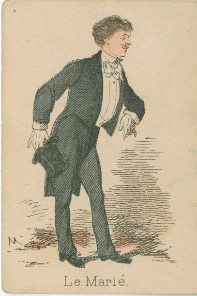 Jeu de la Mariée : Watilliaux, fin XIXe s. ; 28/28 cartes, chromolithographie, dos bleu ; moitié inf. de l’étui. TBE. + Coucou ! Jeu de société : Watilliaux, fin XIXe s. ; 28/28 cartes, chromolithographie, dos bleu ; étui complet à recoller, feuillet. TBE. 