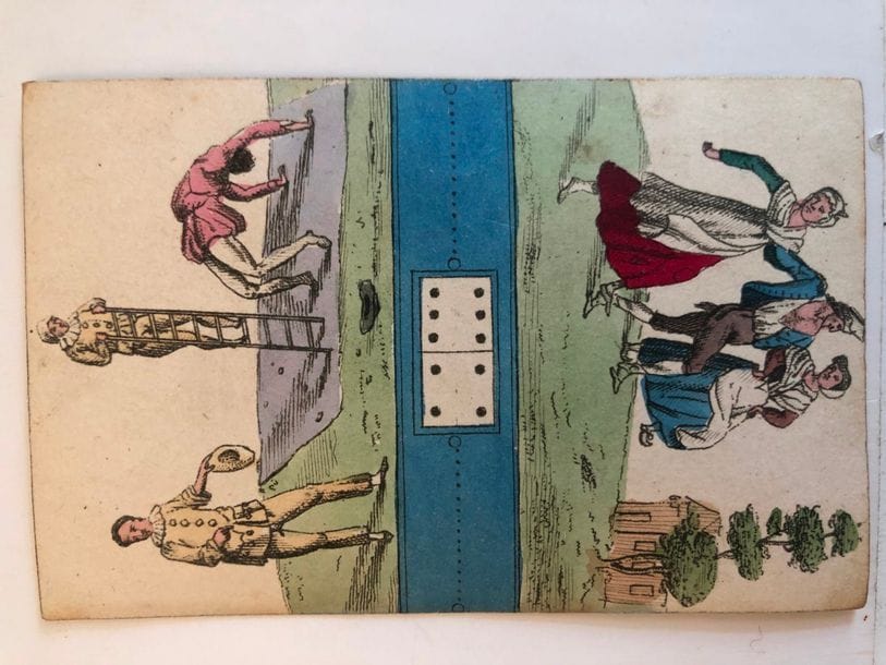 Cartes-dominos : anonyme, France, Restauration (1815-30) ; 28/28 cartes ; 90 x 60 mm ; eau-forte et couleurs aux pochoirs ; boîte carton de même époque mais pas pour ce jeu. TBE. 
