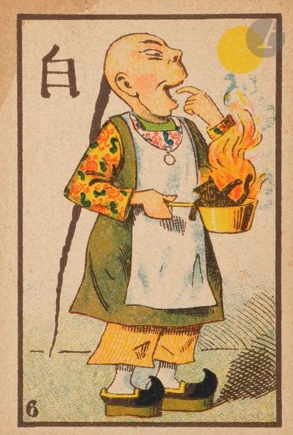 Fich-Ton-Kan, jeu comique : anonyme, France, c.1880 ; 24/24 cartes à sujets « chinois » non-conventionnels, chromolithographie ; coins carrés ; dos blancs, 90 x 60 mm ; boîte à plat (retenue par du ruban adhésif…), et règle. BE. + Jeu miniature français “Cartes chinoises” : Pellerin & Cie Editeurs, Epinal, c. 1890 : 32 cartes à sujets chinois ; env. TBE. 