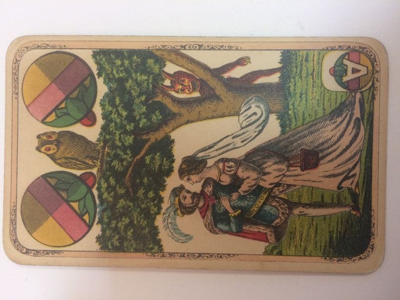 Portrait prussien de fantaisie : Vereinigte Strasulnder Spielkarten A.G., Stralsund, c.1910 ; 32/32 cartes ; timbre Deutsches Reich rose (!) sur Daus de cœur. EM. + Jeu allemand au portrait saxon de fantaisie : C.L. Wüst, Francfort, 1879 ; 32/32 cartes ; 105 x 65 mm ; ens. all. ; sur 2C timbre fiscal Deutsches Reich 30 Pf. TBE. 