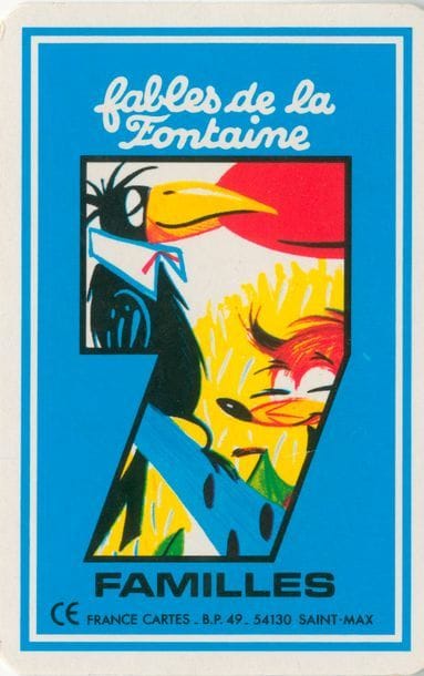 Quatre jeux de 7 familles de Hodges : Vacances 7 familles : France-Cartes, Saint-Max, vers 1970 ; dessins J. Hodges ; 42/42 + 2 cartes. TBE. + Jeu de 7 familles Fables de la Fontaine : France-Cartes, J. Hodges, 42/42 cartes, TBE. + France Cartes, St-Max, années 1960 ; Fables de La Fontaine et Vacances ; étuis. BE. Voir aussi n° 470.