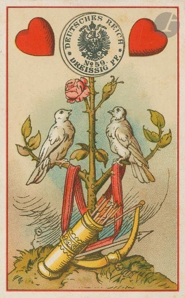 Deutsches Spiel-Karte, jeu de fantaisie all. : T.O. Weigel, Leipzig, c.1880 ; dessins Ludwig Burger ; 36/36 cartes, ens. all. ; tranches dorées ; sur 2C timbre fiscal Deutsches Reich 30 Pf. ; étui carton. TBE. 