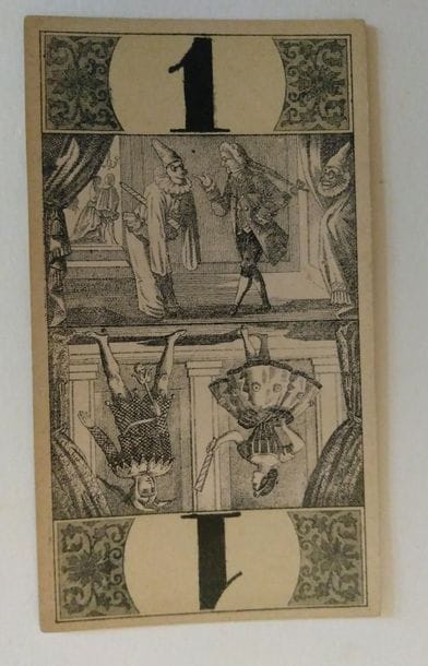 Tarot « bourgeois » : Wüst, 54/54 cartes ; 109 x 66 mm ; lithographie et couleurs aux pochoirs ; CLW (sur VT) ; coins carrés ; dos écossais. TBE. 