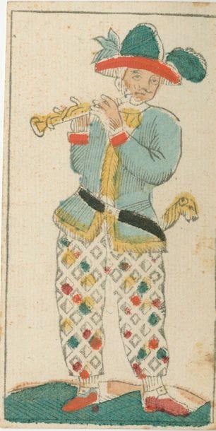 Tarot animalier belge : G.L. Timmermann, Lübeck, c.1800 ? ; gravure sur bois et couleurs aux pochoirs ; 76/78 cartes (mq. 4 et 5K) ; 110 x 59 mm ; dos petites rosettes roses. BE. 