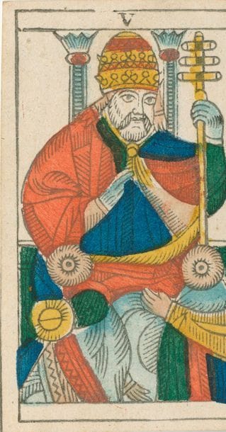 Tarot de Marseille : Alphonse Favre, Fribourg, c.1860 ; gravure sur bois et couleurs aux pochoirs ; 78/78 cartes ; 116 x 63 mm ; sur 3D : 1818. TBE. 