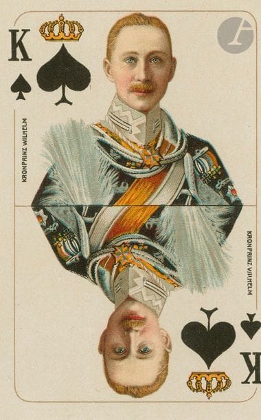 Reichs-Spielkarte Jeu all. de la Première guerre mondiale : Spiekartenfabrik Altenburg, vers 1915 ; 32 cartes, ens. fr. ; coins dorés ; sur 3 des 7 : 500-900 Tausend D. Kr. Spk. TBE. 