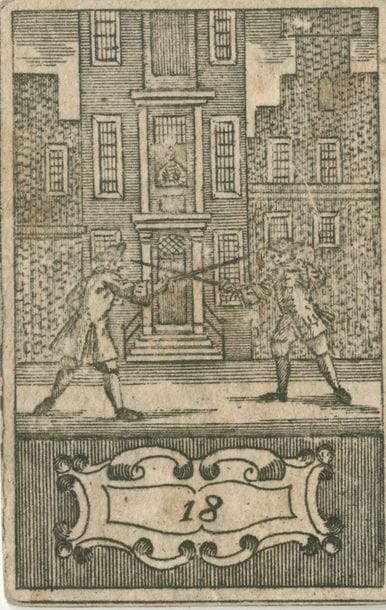 Cartes illustrées d’un « Lotteriespiel » : Johann Heischele, Augsburg, vers 1760 ; 50/50 cartes ; eau-forte ; 72 x 46 mm (cf. MGM IX, 1985, n° 430). BE. 