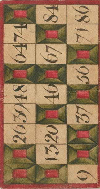 Petits cartons de loto : fab. inconnu, France, début XIXe s. ; 2 x 24 cartons, gravure cuivre, coul. aux pochoirs ; 51 x 92 mm ; dos losange jaune sur fond variable. BE. 