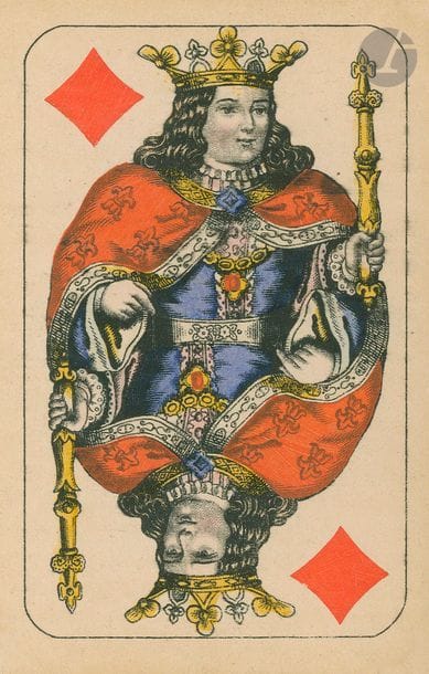 Jeu de patience au portrait viennois : C. Titze und Schinkay, Vienne, vers 1910 ; 26 et 5 cartes ; chromolithographie ; timbre bicolore de l’empire austro sur AC. BE. + Jeu Jugenstil Whist N° 260 : Ver. Stralsunder-Spielkartenfabriken, Abt. Altenburg, Altenburg, vers 1925 ; 52/52 cartes + joker, chromolithographie; timbre des Pays-Bas (Spelkaartenbelasting 50 c sur AC ; étui. Rare occurrence d’un timbre fiscal néerlandais ! TBE. 