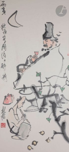 Zhang Guiming (1939 - 2014) 
Encre noire et couleurs sur papier, homme buvant du thé pendant qu’une femme lui joue de la flûte. Encadrée. 
133,1 x 66,8 cm