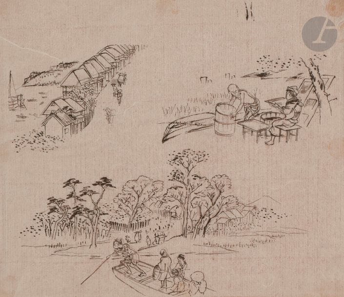 Utagawa Hiroshige (1797 - 1858)
Paysages
Deux croquis à l’encre sur papier.
17 x 20 cm 

Certificats par Janette Ostier datant du 29 janvier 1975.