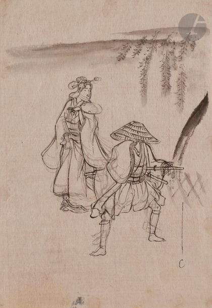 École japonaise - XIXe siècle
Samouraï et jeune femme ; jeune femme avec une cuillère
Deux croquis à l’encre sur papier.
25 x 17 cm et 36 x 24,5 cm