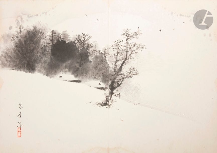 JAPON - Époque MEIJI (1868 - 1912)
Album en accordéon de dix-huit pages, gouache sur papier, à décor de branches de bambou, de personnages, de branches en fleurs et d’oiseaux. (Usures, taches, accidents).
H. 33,1 x 24 cm