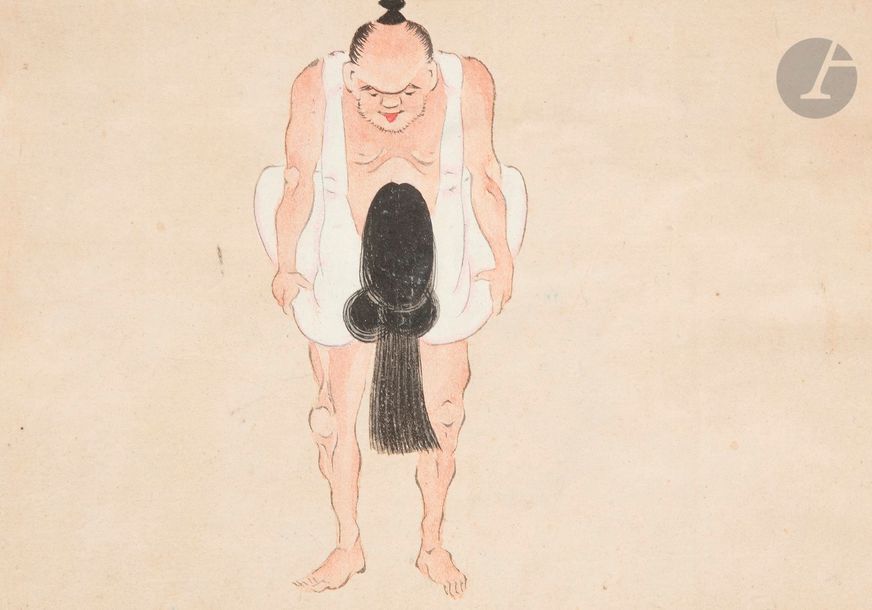JAPON - Époque MEIJI (1868 - 1912)
Album en accordéon horizontal encre et couleurs sur papier, à décor de scènes érotiques entre couples et à l’aide d’objets. (Usures). 
14,5 x 23 cm