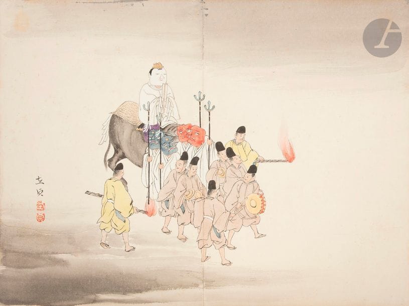 JAPON - Époque MEIJI (1868 - 1912)
Album en hauteur en accordéon de quatorze pages illustrant des samouraï en marche, des joueurs et danseurs de sambaso, une cérémonie, et des cavaliers. (Pliures, taches). 
H. 36,1 cm