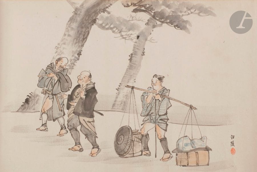 JAPON - Époque SHOWA (1926 - 1945)
Encre sur papier, comprenant seize scènes quotidiennes, moines, jeunes femmes et paysans. Daté de Showa 8 (1933).
30 x 694 cm ; montée en rouleau.