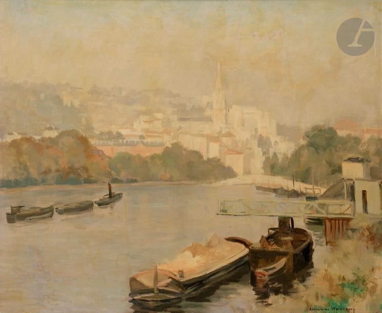 Marie (Maria Vladimirovna) LOUGUININE-WOLKONSKY (1875-1960)
Saint-Cloud, péniche sur la Seine, 1950
Huile sur toile.
Signée en bas à droite.
54 x 65 cm

Мария Владимировна кн. ВОЛКОНСКАЯ (урожд. ЛУГИНИНА) (1875 - 1960)
Сен-Клу. Пениш на Сене. 1950
Холст, масло.
Подпись внизу справа.
54 х 65 cм