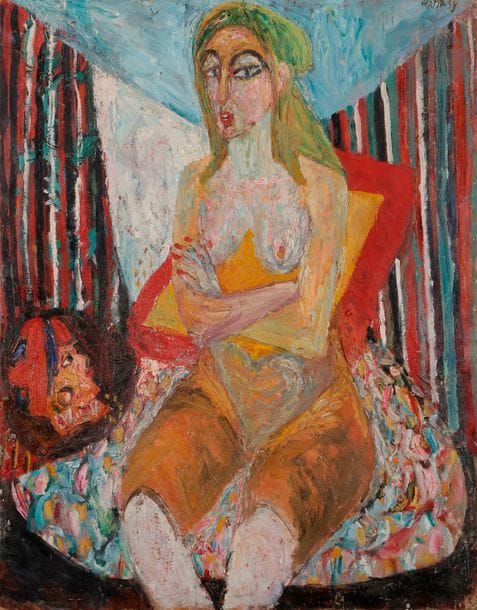 Natta Ivanovna KONYCHEVA (née en 1935) 
Femme aux cheveux verts
Huile sur carton.
Signée et datée (?) en haut à droite.
Contresignée au dos.
95 x 83,5 cm

Натта Ивановна КОНЫШЕВА (род. в 1935 г.)
Полуобнаженная с зелеными волосами
Картон, масло.
Подпись и дата наверху справа. На обороте вторичная подпись.
95 х 83,5 см