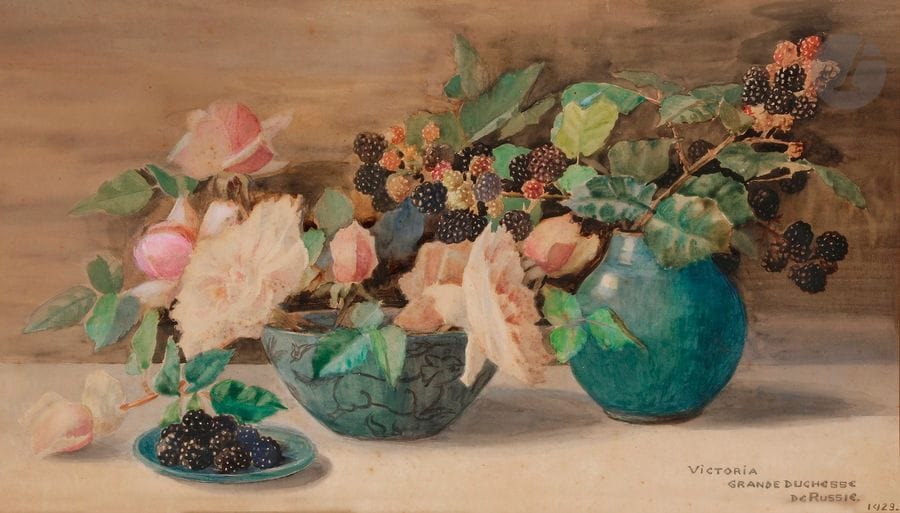 Grande-duchesse VICTORIA FEODOROVNA (née Victoria-Mélita de Saxe-Cobourg-Gotha) (1876-1936)
Nature morte aux fleurs et baies, 1923
Aquarelle.
Signée et datée en bas à droite.
28,5 x 48,5 cm

 Elle épousa en secondes noces le grand-duc Kyril Vladimirovitch, empereur auto-proclamé en 1924.

Великая княгиня ВИКТОРИЯ ФЕДОРОВНА (урожд. Виктория-Мелита Саксен-Кобург-Готская (1876 - 1936)
Натюрморт с цветами и ягодами
Бумага, акварель.
Внизу справа подпись с датой 1923.
28,5 х 48,5 см
Вторым браком вышла за великого князья Кирилла Владимировича, который объявил себя императором в 1924 г. в эмиграции.