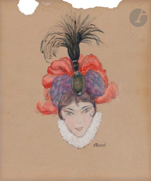 Alexandre Petrovitch ZINOVIEV (1889-1977)
Tête de femme au turban à aigrettes et plumes
Gouache sur papier.
Signée sur la droite.
24 x 21 cm

Александр Петрович ЗИНОВЬЕВ (1889 - 1977)
Женская голова в тюрбане с перьями и султаном
Бумага, гуашь.
Подпись справа. Без даты [20-е годы]
24 х 21 см