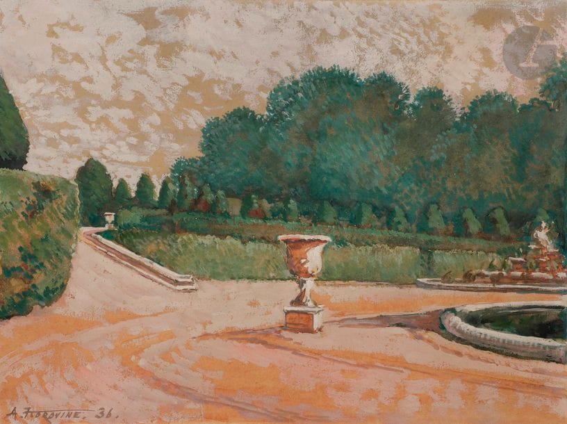 Alexis Konstantinovitch KOROVINE (1897-1950)
Vue d’un parc, 1936
Gouache sur papier.
Signée et datée en bas à gauche.
21 x 28,3 cm

Алексей Константинович КОРОВИН (1897 - 1950)
Вид парка. 1936
Бумага, гуашь.
Внизу слева подпись с датой.
21 х 28,3 см