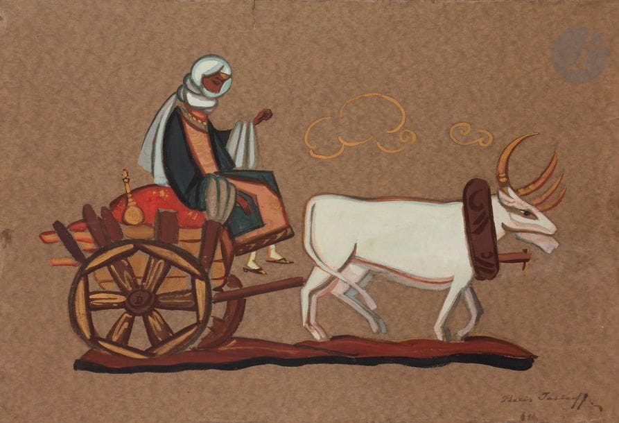 Boris Evguenievitch IASIKOFF (1901-1932)
Orientale en voyage
Gouache sur papier contrecollé sur carton.
Signée en bas à droite.
55 x 74 cm

Борис Евгеньевич ЯЗЫКОВ (1901 - 1932)
Восточная красавица в пути
Бумага, наклеенная на картон, гуашь.
Внизу справа подпись.
55 х 74 см