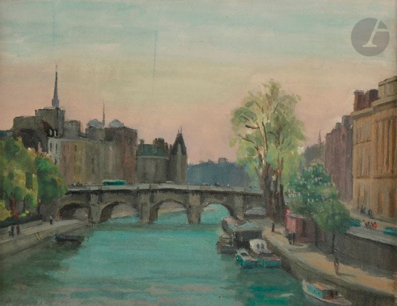 Andreï OUKRAINSKY (? - 1914)
La Seine à Paris
Aquarelle et gouache.
Signée en bas à gauche.
Annotée au dos.
27 x 36 cm

Андрей УКРАИНСКИЙ (XX век)
Река Сена в Париже
Бумага, акварель, гуашь.
27 х 36 см