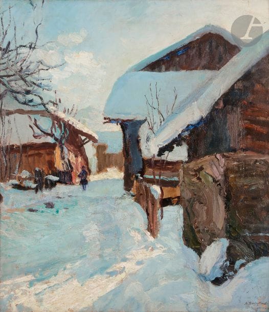 Alfred SWIEYKOWSKI (1869-1953)
Village sous la neige
Huile sur carton.
Signée en bas à droite.
55,5 x 49,5 cm

Альфред СВЕЙКОВСКИЙ (1869-1953)
Зима в горной деревне
Картон, масло.
Подпись внизу справа.
55.5 х 49,5 см