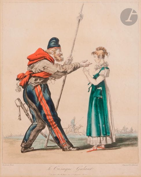 Carle VERNET (1758-1836) [dessiné par]
Philibert-Louis DEBUCOURT (1755-1832) [gravé par]
Le Cosaque Galant
Aquatinte rehaussée à l’aquarelle.
Éditée par Charles Bance, à Paris. S. d. [1815].
39 x 29 cm ; sous verre.

Карл ВЕРНЕ (1758 - 1836) [рисовал]
Филибер-Луи ДЕБЮКУР (1755 - 1832) [гравировал]
Галантный казак
Бумага, акватинта, акварель.
Париж, издание Шарла Банса, без даты [1815].
39 х 29 см; под стеклом.
Из коллекции костюмов, нарисованных с натуры
