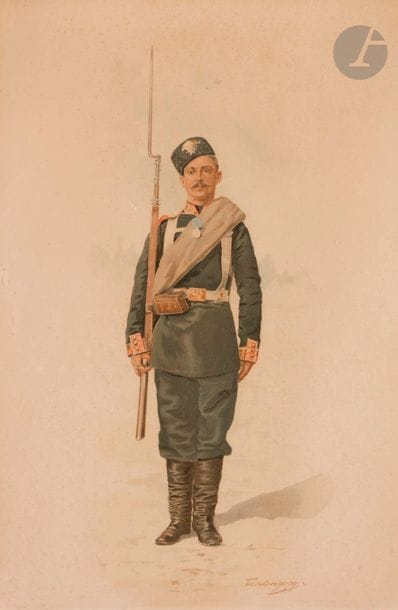Dmitri Alexandrovitch BENKENDORFF (1845-1919 ?)
Soldat du 1er bataillon du Régiment de la Garde Semenovsky [1890-1905]
Lithographie.
Signée en bas à droite dans la planche.
46,5 x 31,7 cm

 De la série des hommes du rang des régiments de la Garde.

Дмитрий Александрович БЕНКЕНДОРФ (1845 - 1919 ?)
Солдат 1-го батальона Семеновского полка. – [1890-1905]
Бумага, хромолитография.
46,5 × 31,7 см
Из серии, изображающей нижние чины Императорской гвардии.
