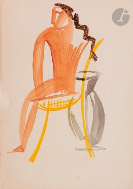 Mikhaïl Fedorovitch LARIONOV (1881-1964) [attribué à]
Personnage assis sur une chaise
Aquarelle sur une page de livre ou revue d’art.
Non signée.
21 x 15 cm

Larionov – Gontcharova
Les lots N° 85 à 94 proviennent de la dispersion de la bibliothèque de Michel HOOG (1932-2000) le 26 juin 2016 à Bayeux. M. Hoog a aidé la veuve de Larionov à transmettre (cf. extraits infra) une partie des documents de Larionov au Musée National d’Art Moderne. Il a reçu de madame Larionov en particulier le dessin (lot N° 89), et les autres pièces ont pu soit lui être données par la veuve de Larionov soit être jugées sans intérêt par le Musée. La plupart de ces documents étaient conservés par Michel Hoog entre les pages d’un ouvrage consacré à Larionov et ainsi ont été sauvés.
Les extraits suivants donnent un aperçu des relations entre Larionov et Michel Hoog :
« IV. Fonds Larionov : Il s’agit d’un ensemble d’un grand intérêt, réuni au cours de plusieurs années par Michel Hoog, dans des conditions assez particulières.
À la mort de Larionov (1964), sa veuve entreprit de « nettoyer » l’appartement, en jetant indistinctement toutes sortes de papiers, dessins, gravures, imprimés, matrices photographiques... Michel Hoog demanda alors et obtint la permission d’emporter ces documents et de les donner au Musée...».
Centre Georges Pompidou. Centre National d’Art et de Culture. Note de Pierre Georgel à Pontus Hulten, Germain Viatte, Nicole Barbier, Pierrette Viard. 20 juillet 1976. Copie : Michel Hoog, A. de La Baumelle.
« C’est à ce moment-là [début des années 60] que Michel Hoog, nouveau conservateur au Musée national d’art moderne qui s’intéresse particulièrement aux archives, engage de nombreux contacts et recherches avec les artistes russes de l’École de Paris, devenant l’un des meilleurs spécialistes de Larionov dont il publiera plus tard les écrits. Ses relations privilégiées avec Michel Larionov avant sa mort en 1964, puis avec Mad