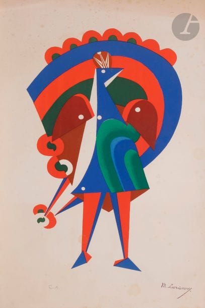 Mikhaïl Fedorovitch LARIONOV (1881-1964)
Esquisse du costume pour le paon mécanique
Lithographie en couleurs.
Épreuve d’Artiste.
Tamponnée en bas à droite.
48 x 26 cm

En 1919, Larionov a fait publier l’album « Gontcharova Larionow. L’art décoratif théâtral moderne » dans lequel est reproduite cette esquisse avec les dessins qui avait été exposés à la galerie Sauvage en 1918.

Larionov – Gontcharova
Les lots N° 85 à 94 proviennent de la dispersion de la bibliothèque de Michel HOOG (1932-2000) le 26 juin 2016 à Bayeux. M. Hoog a aidé la veuve de Larionov à transmettre (cf. extraits infra) une partie des documents de Larionov au Musée National d’Art Moderne. Il a reçu de madame Larionov en particulier le dessin (lot N° 89), et les autres pièces ont pu soit lui être données par la veuve de Larionov soit être jugées sans intérêt par le Musée. La plupart de ces documents étaient conservés par Michel Hoog entre les pages d’un ouvrage consacré à Larionov et ainsi ont été sauvés.
Les extraits suivants donnent un aperçu des relations entre Larionov et Michel Hoog :
« IV. Fonds Larionov : Il s’agit d’un ensemble d’un grand intérêt, réuni au cours de plusieurs années par Michel Hoog, dans des conditions assez particulières.
À la mort de Larionov (1964), sa veuve entreprit de « nettoyer » l’appartement, en jetant indistinctement toutes sortes de papiers, dessins, gravures, imprimés, matrices photographiques... Michel Hoog demanda alors et obtint la permission d’emporter ces documents et de les donner au Musée...».
Centre Georges Pompidou. Centre National d’Art et de Culture. Note de Pierre Georgel à Pontus Hulten, Germain Viatte, Nicole Barbier, Pierrette Viard. 20 juillet 1976. Copie : Michel Hoog, A. de La Baumelle.
« C’est à ce moment-là [début des années 60] que Michel Hoog, nouveau conservateur au Musée national d’art moderne qui s’intéresse particulièrement aux archives, engage de nombreux contacts