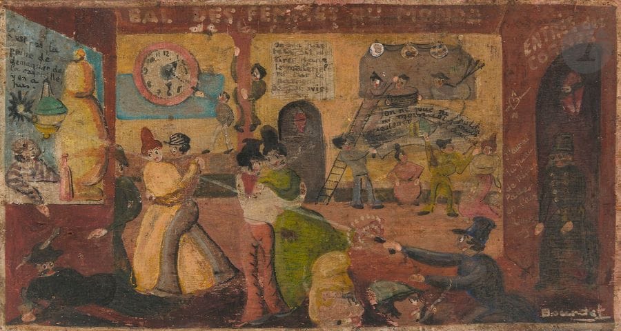 BOURDET.
Bal des femmes du monde de la rue de Lappe.
Gouache sur planchette de bois, 138 x 25 mm, signée en bas à droite.

Très rare peinture populaire représentant une scène de bal rue de la Lappe vers 1900.
Cette rue, située dans le 11e arrondissement de Paris, était occupée par les Bretons puis par les Auvergnats, qui installèrent de nombreux troquets, repaires des voyous et truands en tous genres. Les premiers bals musette virent le jour dès 1880 et dans les années 30 on y comptait 17 bals.
La scène représentée ici, peut-être réalisée par l’un des voyous ou truands qui fréquentaient ces bals, est très intéressante. On y voit un bar à gauche où il est noté : « C’est pas la peine de demander de la camomille, y ‘en a pas. » Sur la droite un policier entre, au-dessus de lui est indiquée : « Entrée des cognes », ce terme désignant policier en argot. À côté de ce policier se trouve un graffiti indiquant : « J’aurai la peau de Nini Pattes en l’air. Nénesse. » Nini Patte-en-l’air (18..-1930) était une danseuse et professeur de Cancan, partenaire de La Goulue au Moulin rouge. Entre ces deux scènes figurent des danseurs et des voyous dont l’un tire au pistolet en direction du bar.
Provenance : collection Jacques Henriet (vente 18 mars 2009, n° 272).