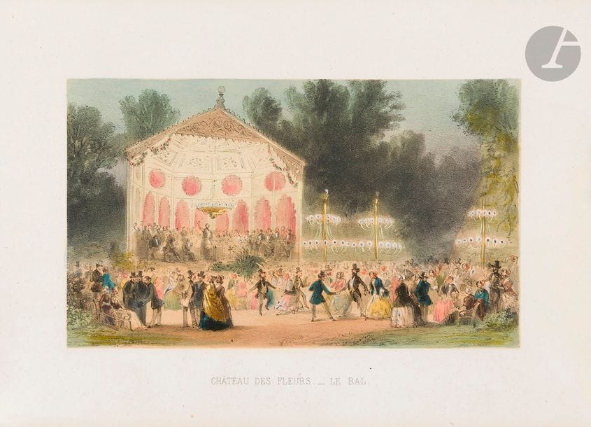 [LEBRASSEUR (R.) (éditeur)].
Album des bals, fêtes & promenades de Paris et ses environs.
Paris : R. Lebrasseur, [1850-1852]. — Album in-8 oblong, 150 x 233 : 5 planches. Cartonnage illustré de l’éditeur.

Album très rare publié par l’éditeur parisien Lebrasseur, comprenant 5 lithographies rehaussées en couleurs, à savoir un titre et 4 vues animées ainsi légendées : Mabille. L’entrée. - Mabille. Salle de bal. - Château des fleurs. Le bal. - Château des fleurs. Le feu d’artifice.
Cartonnage sali et présentant des traces de mouillures, coins émoussés. Tache rouge sur le bas du second plat. Mouillure claire sur le bord des planches, avec légère atteinte à la 3e lithographie.