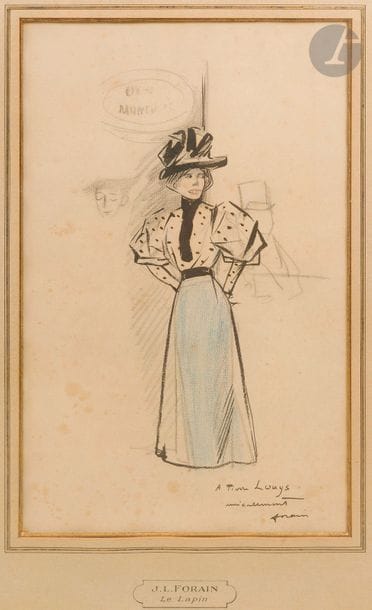 FORAIN (Jean-Louis).
Le Lapin.
Dessin original au fusain avec rehauts de crayon bleu, 370 x 236 (à vue), dédicacé à Pierre Louÿs.

Dessin représentant une dame, peut-être une prostituée, attendant un client ou un rendez-vous qui apparemment ne vient pas, elle semble inquiète. En arrière-plan figure l’esquisse de 2 personnages.
D’après l’indication figurant sur le passe-partout, le titre de ce dessin est Le Lapin. À la fin du XIXe siècle, ce terme signifiait « ne pas rétribuer les faveurs d’une jeune fille. »
Quelques rousseurs.
Provenance : Pierre Louÿs, avec envoi de l’artiste.