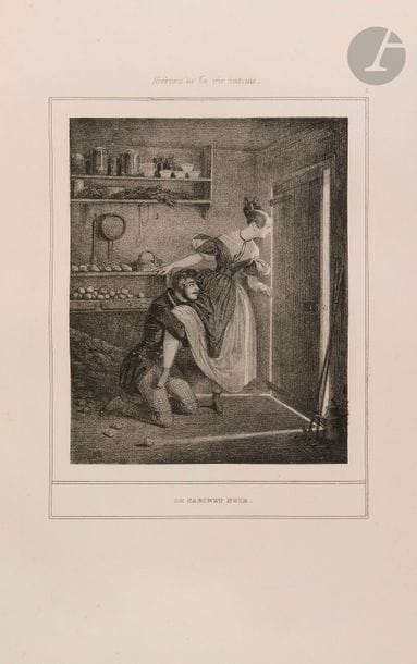 GAVARNI.
Scènes de la vie intime.
[Paris : Aubert ?, vers 1837]. — Album in-folio, 419 x 290 : 12 planches. Cartonnage papier marbré à la bradel de la fin du XIXe siècle.

Très rare suite complète de 12 lithographies gentiment érotiques de Gavarni, représentant des couples dans des situations intimes, dont deux amusantes représentant Adam et Ève avant et après le péché. L’artiste a voulu montrer la passion, la sensualité plutôt que l’obscénité et c’est la seule suite libre et polissonne qu’il dessina.
Chaque estampe, placée dans un cadre composé d’un double filet noir, est en 3e état sur 3, c’est-à-dire numérotée et légendée.
Exemplaire sans la couverture illustrée mais en beau tirage et grand de marges. La onzième planche est plus courte de marges et présente quelques déchirures sur les bords. Coiffes et coins abîmés. Quelques rares rousseurs.