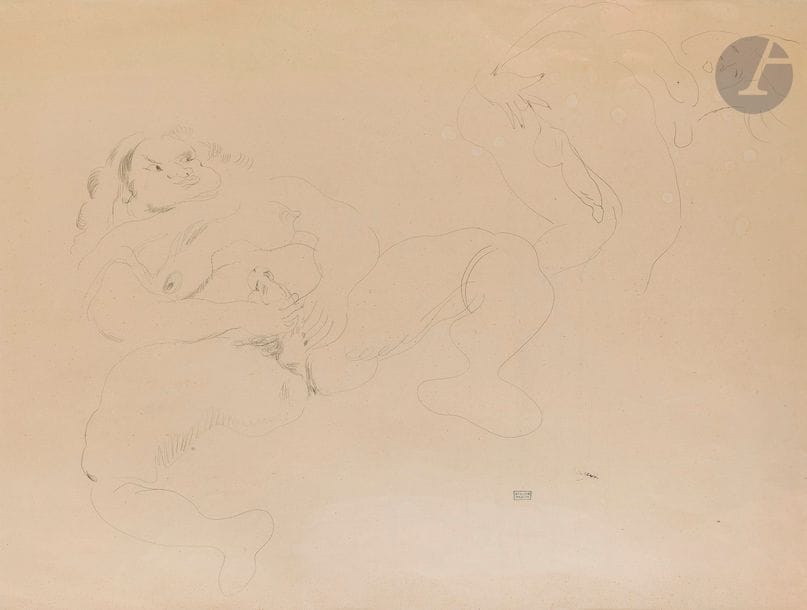 PASCIN (Jules).
Chez les amazones.
Paris, 1928. — Grand dessin original érotique, pointe, papier carbone sur papier, griffe et cachet d’atelier en bas à droite, 480 x 615. Encadré.

Hemin, Krohg, Perls, Rambert, Pacsin, Catalogue raisonné, IV, n° 1315.
