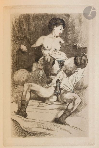 VERLAINE (Paul).
La Trilogie Érotique (Amies. - Femmes. - Hombres). Édition illustrée de quinze compositions originales dessinées et gravées à l’eau-forte par Van Troizem et augmentée d’un Avant-propos par un Bibliophile Verlainien.
Paris, Londres, 1907. — In-8, 213 x 145 : frontispice, (4 ff. 2 premiers blancs), VII, 134 pp., (5 ff. 3 derniers blancs), 14 planches, couverture imprimée. Maroquin bleu turquoise janséniste, dos à nerfs, doublures de maroquin brun orné d’une dentelle dorée en encadrement, doubles gardes, tête dorée, non rogné, couverture et dos conservés (Durvand). 

Dutel, 856.
Édition tirée à seulement 235 exemplaires non mis dans le commerce, regroupant pour la première fois la célèbre trilogie érotique de Paul Verlaine enrichie du Sonnet du trou du cul composé par l’auteur en collaboration avec Arthur Rimbaud.
L’illustration se compose de 15 figures hors texte libres, sous serpente légendée, dessinées et gravées à l’eau-forte par Martin van Maele sous le pseudonyme de Van Troizem.
UN DES 20 EXEMPLAIRES DE TÊTE SUR JAPON, CONTENANT UNE DOUBLE SUITE DES ILLUSTRATIONS (en bistre sur japon et en noir sur papier vergé).
Bel exemplaire en reliure doublée de Durvand. 
Dos passé, frottements d’usage aux mors, aux nerfs, aux coiffes et aux coins. Manque la serpente de la seconde planche page 18. Le cahier 6 ne comporte que 7 feuillets, sans manque dans le texte.