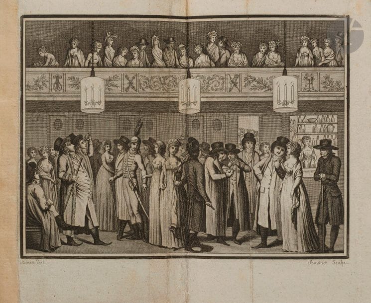[ROSNY (Joseph de)].
L’Optique du jour, ou le foyer de Montansier. 
Paris : Marchand, An VII [1798-1799]. — In-18, 124 x 82 : frontispice, (1 f.), xxij, 134 pp., (1 f.). Percaline marron à la bradel, dos lisse (reliure vers 1880).

Édition originale peu courante, illustrée d’un frontispice sur double page gravé par Bovinet d’après Binet, montrant une scène animée dans le théâtre Montansier.
« Il semble que la part la moins caduque des écrits de Rosny concerne la société parisienne sous la Révolution. C’est peut-être dans la foulée du Tableau de Paris de Mercier que Rosny a composé, en 1799, une trilogie de récits qui se font suite et où reviennent les mêmes personnages. L’Optique du jour, qui est le premier et le meilleur des trois, présente un provincial venu à Paris pour soutenir un procès et qui s’y fait dégourdir à ses dépens : un ami l’entraîne dans les plaisirs et, après l’avoir promené partout, lui fait voir, au foyer du théâtre Montansier, la nouvelle société issue de la Révolution : agioteurs, rentiers, nouveaux riches, courtisanes, filles publiques. Il y a aussi le portrait de l’intrigant, du joueur, de l’anarchiste, de l’émigré, du militaire, de l’homme en place et enfin, de l’homme de lettres. En tout, douze tableaux, dont certains sont excellents. - Au bout du séjour, il y aura, pour le provincial, la vérole » (Angelet, Recueil de préfaces de romans du XVIIIe siècle : 1751-1800, II, 2003, p. 358).
Frontispice doublé, rousseurs. Manque le faux titre.
On joint :
- [ROSNY (Joseph de)]. Le Censeur, ou voyage sentimental autour du Palais-royal ; Ouvrage critique, historique et moral, dédié aux étrangers. Paris: madame Masson, An XI-1802. — In-12, 134 x 85 : 126 pp., (3 ff.). Maroquin bleu, fleur dorée aux angles sur les plats, dos à nerfs orné, dentelle dorée intérieure, tranches dorées sur marbrure (Hardy).
Édition originale de cet amusant guide du Palais-Royal, « temple banal, réceptacle de tous les vices » d’après l’auteur, divi
