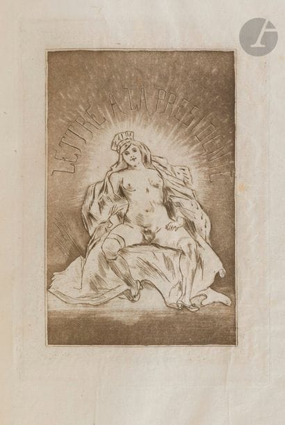 GAUTIER (Théophile).
Lettre à la présidente. Voyage en Italie. 1850.
S.l. : de l’imprimerie du musée secret du roi de Naples [Amsterdam : Auguste Brancart], 1890. — In-8, 218 x 144 : frontispice, 48 pp., couverture imprimée. Demi-maroquin fauve à coins, dos à nerfs, tête dorée, non rogné, couverture et dos conservés (reliure moderne).

Galitzin, 198. - Dutel, I, 456, p. 192.
Réimpression rare, parue la même année que l’originale, imprimée à Amsterdam par Auguste Brancart.
Selon Galitzin, il s’agit de la « seule édition correcte » de cette célèbre lettre licencieuse de Gautier adressée à l’artiste peintre, demi-mondaine et salonnière Apollonie Sabatier (1822-1890), appelée La présidente par ses amis. Théophile Gautier entretint une relation amicale et amoureuse avec elle ; cette lettre pornographique datée de Rome, le 19 octobre 1850, en est le témoignage. L’auteur y décrit l’itinéraire qu’il suivit en compagnie de Cormenin depuis une auberge du Simplon jusqu’à Rome.
Tirage à 100 exemplaires numérotés sur papier japon, celui-ci portant le numéro 5 écrit à la mine de plomb, au format in-8 et non in-12 comme signalé par Dutel.
Bel exemplaire complet des plats et du dos de la couverture, ainsi que du frontispice érotique de Félicien Rops de la première édition, tiré sur papier de Chine.
Provenance : Gérard Nordmann, avec ex-libris (cat. II, 14-15 décembre 2006, n° 217).