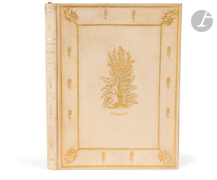 GONCOURT (Edmond et Jules de).
La Lorette.
Paris : G. Charpentier, 1883. — In-16, 167 x 127 : 61 pp., (1 f.), 1 planche. Parchemin à petits rabats, motifs floraux dorés entre deux filets dorés en encadrement et fleurs dorées surmontant le mot « Patience » au centre sur les plats, dos lisse orné, tête dorée, non rogné (Pagnant). 

Édition de luxe, tirée à 550 exemplaires, illustrée d’une figure de Gavarni gravée à l’eau-forte par Jules de Goncourt.
Un des 400 exemplaires sur papier de Hollande.
Très bel exemplaire relié par Pagnant, enrichi d’un portrait des frères Goncourt par Alphonse Descaves et d’un rare tirage d’une plaque d’études gravées par Jules de Goncourt pour la figure de la lorette d’après Gavarni, signée J.G. 57.
Quelques salissures sans gravité à la reliure. Traces laissées par le signet dans la marge de la planche et du feuillet en regard.
On joint :
- GONCOURT (Edmond et Jules). La Lorette. Édition présentée et annotée par Alain Barbier Sainte Marie. Tusson : Du Lerot, [2002]. In-16, broché.